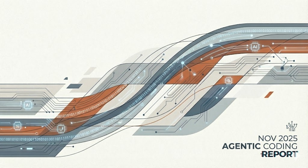 An abstract illustration of data streams and AI chips, with the text 'NOV 2025 AGENTIC CODING REPORT'
